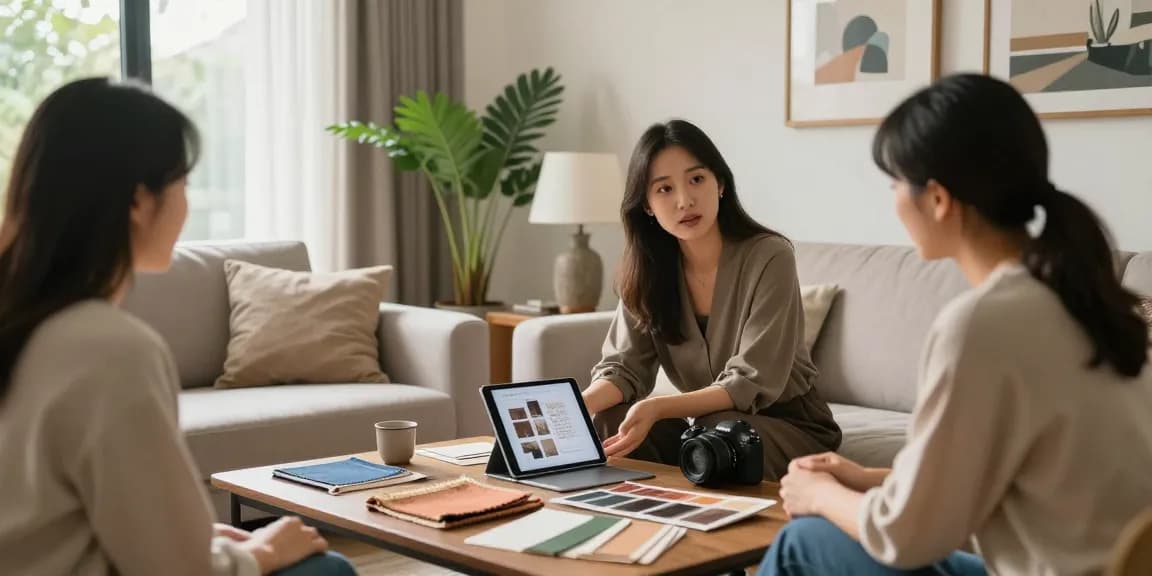 Desain interior modern dengan layanan konsultasi di https://decorserene.com/privacy-policy/ yang menunjukkan suasana santai dengan desainer profesional.