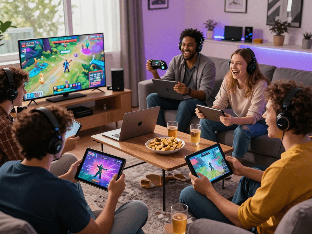Interactive scene of friends playing engaging porn games during a cozy night in.