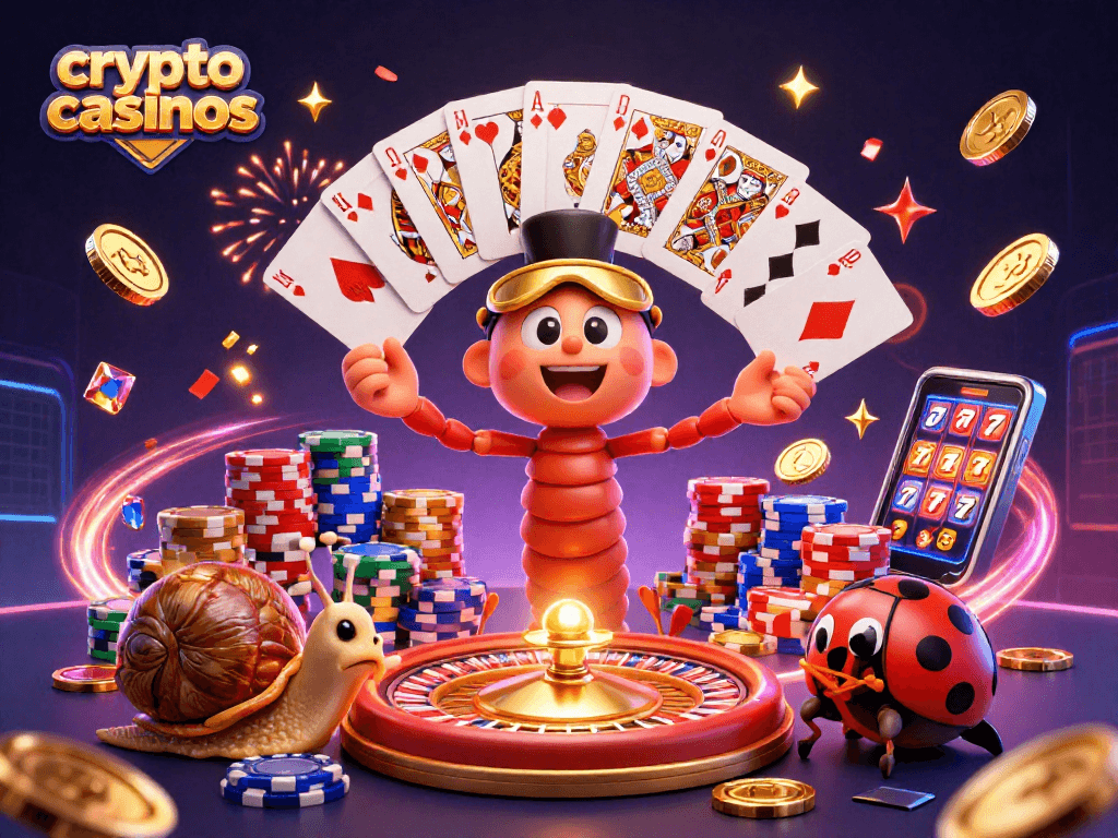 Jouez dans les crypto casinos avec une scène dynamique de croupiers et de jetons brillants.