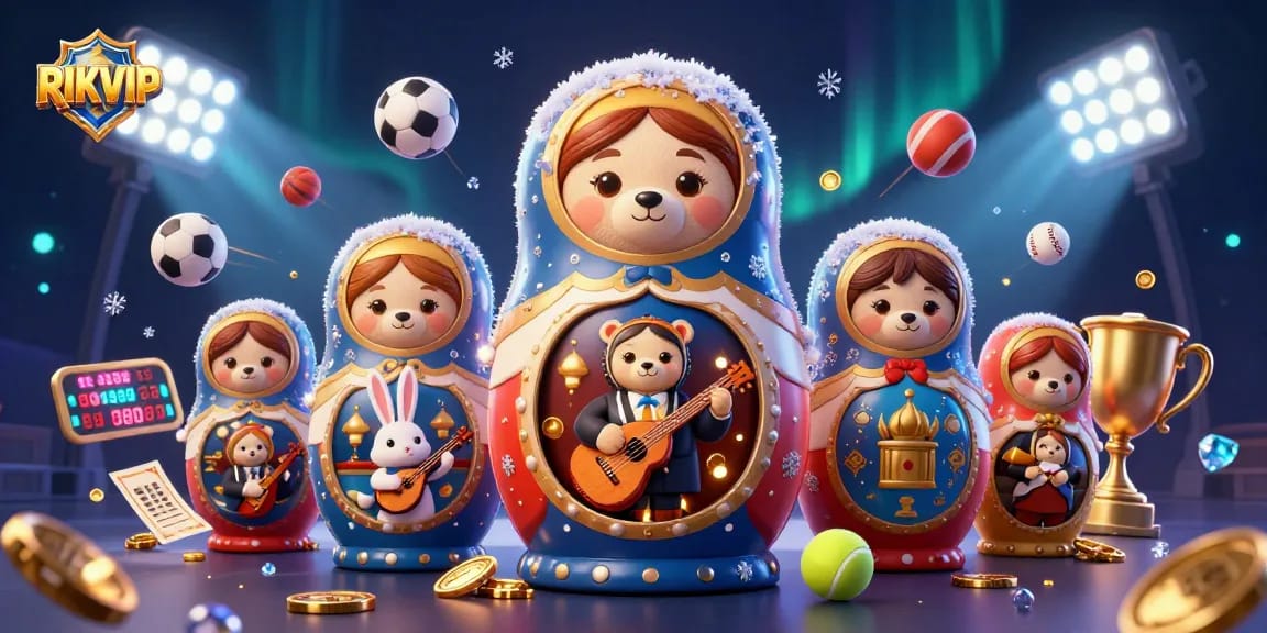 Engage with RIKVIP through a colorful 3D scene showcasing festive bears and dynamic gaming elements.