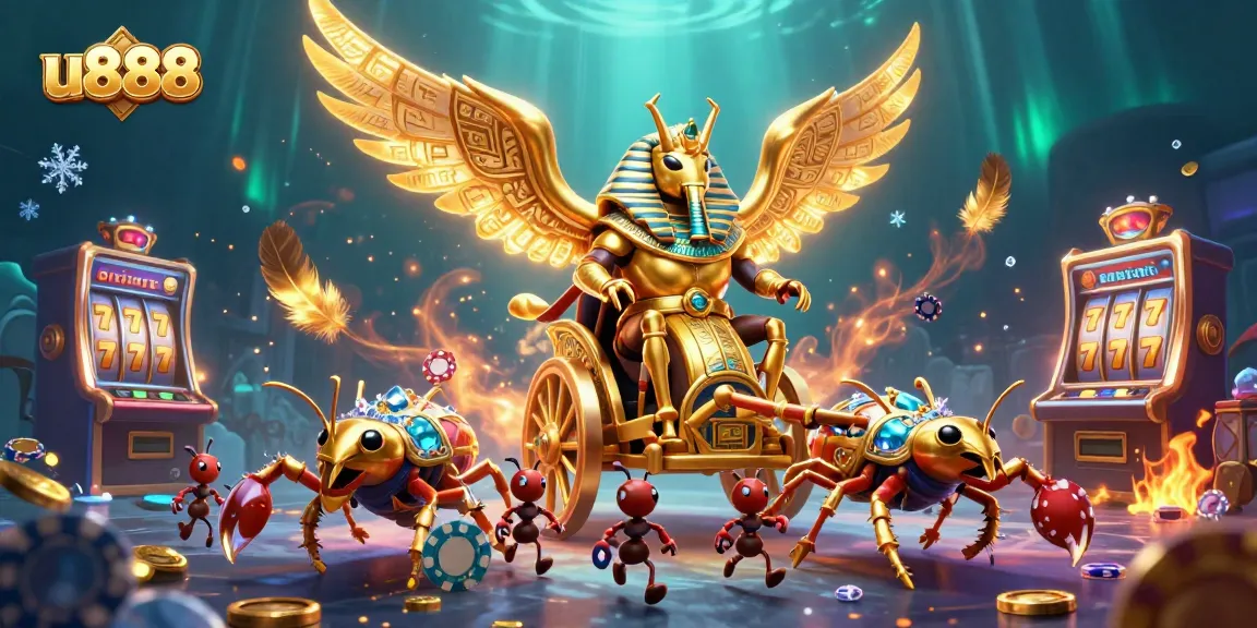 Experience thrilling gameplay with u888, featuring a dazzling chariot scene of a golden scarab and scorpions amidst gaming excitement.