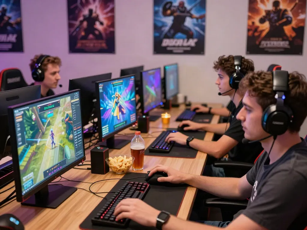 Teman-teman bermain diana4d dalam suasana permainan yang ramai dengan perangkat gaming modern.