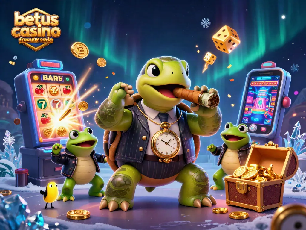 Play with betus casino free play promo code featuring a cartoon turtle in a stylish suit and two bullfrogs, surrounded by slot machines and vibrant casino elements.