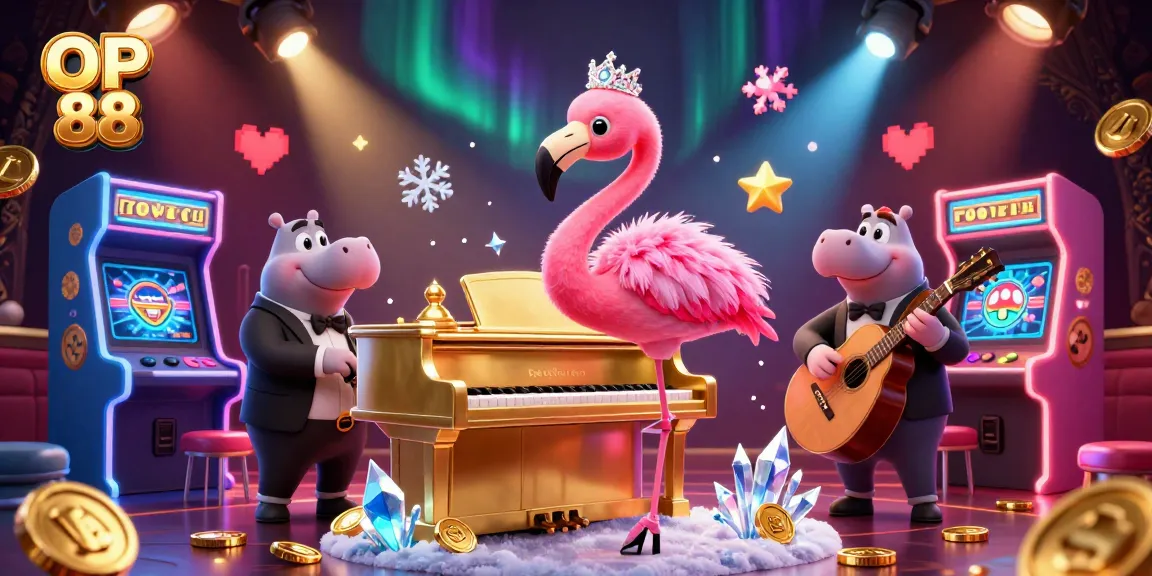 Engage with OP 88 at a vibrant casino scene featuring musical characters and arcade games.