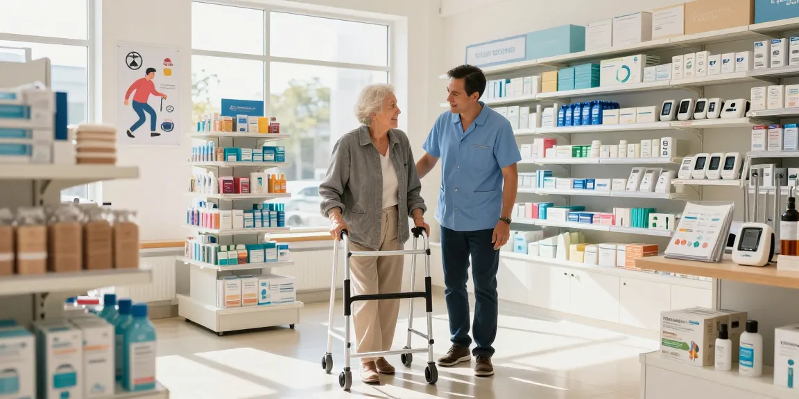 Assistance at a medical supply store showcasing mobility aids like walkers and canes.