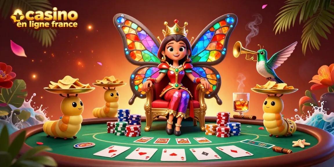 Explorez une scène de casino en ligne France avec la reine papillon et des éléments de poker riches.