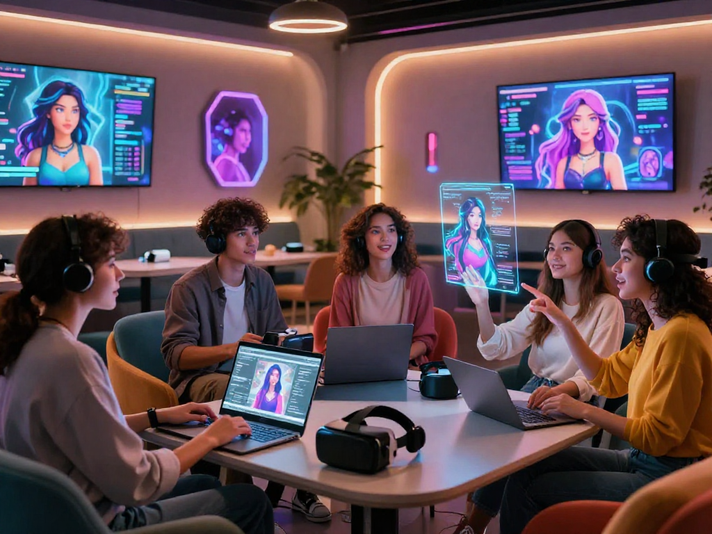 Interactive scene depicting young adults exploring nsfw ai girlfriend technology in a vibrant lounge setting