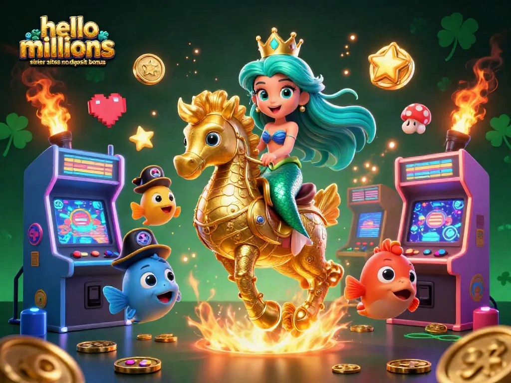 Hello millions sister sites no deposit bonus shine in a colorful 3D illustration showing a mermaid princess and magical casino elements.