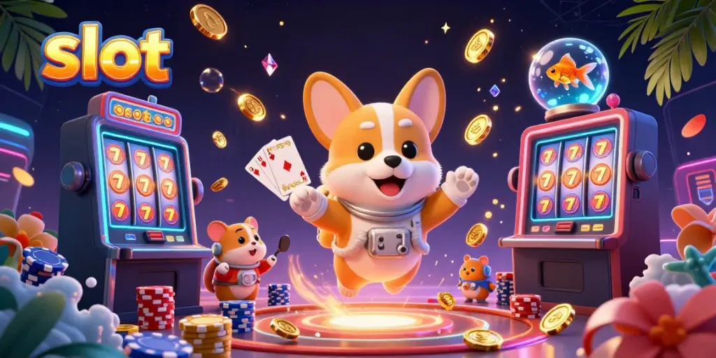 Slot dengan mesin permainan dan karakter kartun mengambang dalam kasino luar angkasa.