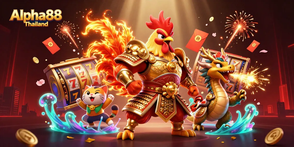 Win big with Alpha88 Thailand as an armored dragon and rooster warrior celebrate casino jackpots in a vibrant 3D illustration.