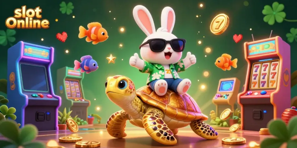 Engage with slot online through a lively 3D scene featuring a lucky rabbit and a golden turtle amidst colorful game elements.