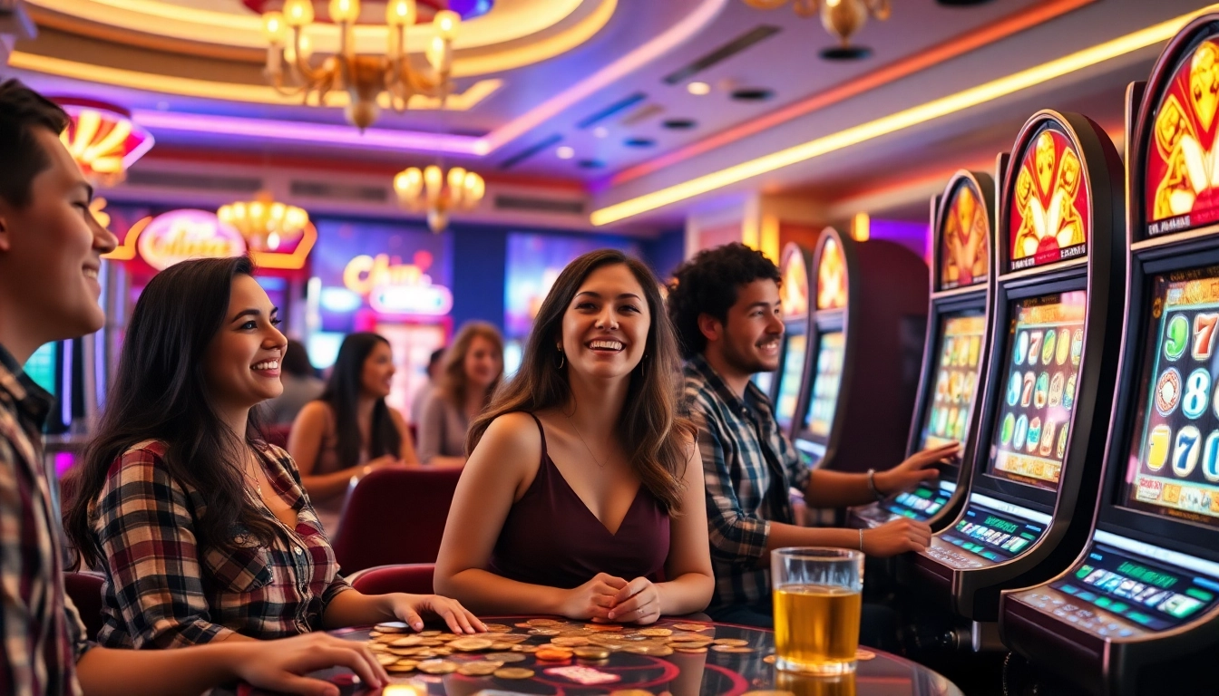 Engaging slot gambling scene with players enjoying vibrant slot machines.