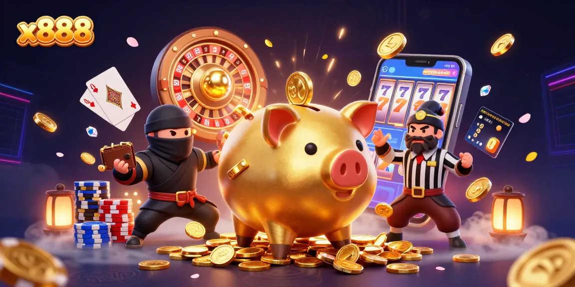 x888 brings a sumo wrestler piggy bank and ninja to life with dazzling coins and gaming excitement.