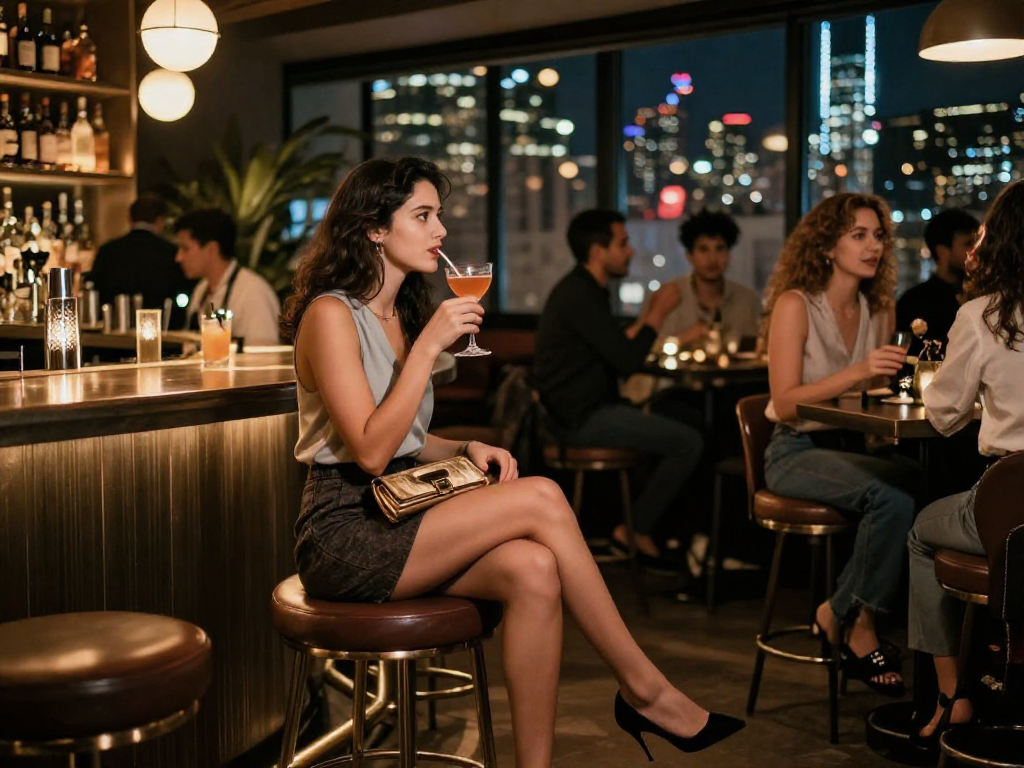 Gái gọi xuất hiện trong không gian bar sang trọng, làm tăng thêm sự quyến rũ của buổi tối.