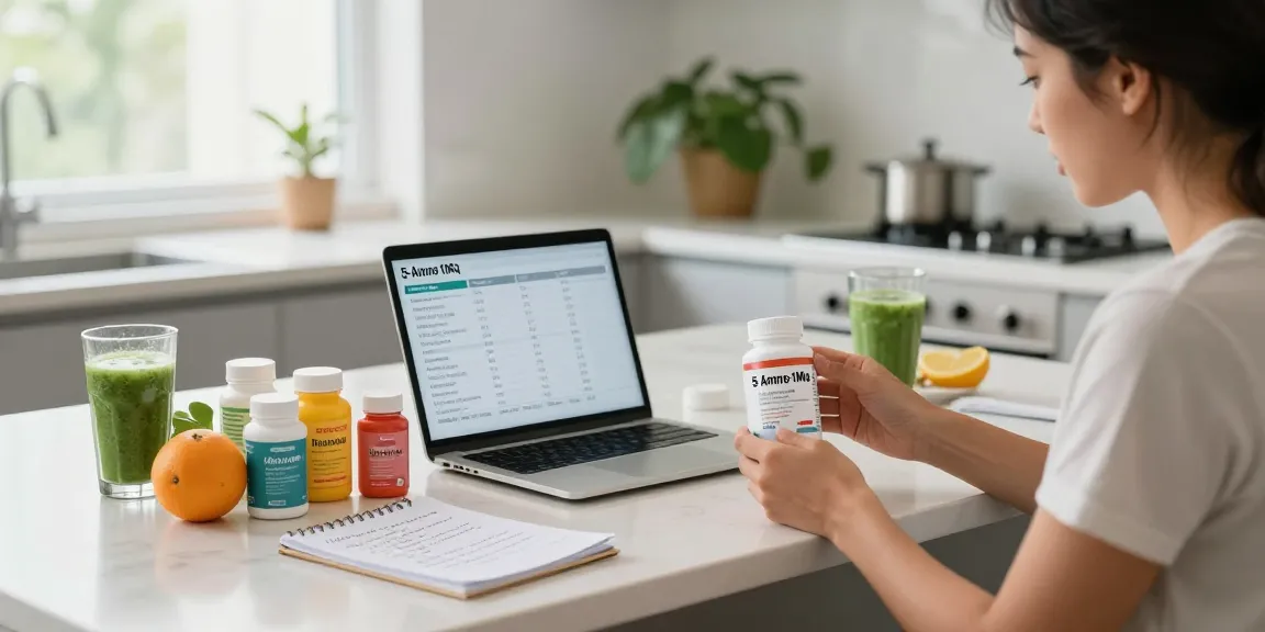 This 5-Amino-1MQ comparison scene features a person evaluating health supplements in a modern kitchen.
