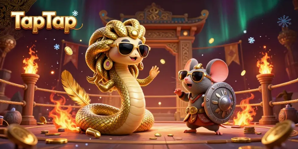 Experience TapTap's vibrant casino scene with Medusa and a warrior mouse amidst golden tokens and dynamic flames.