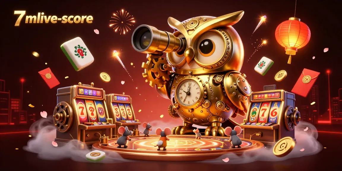 Engage with 7mlive-score in a vibrant casino scene filled with golden owls, slot machines, and festive decorations.
