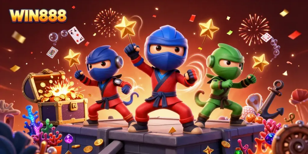 Experience the thrill of WIN888 with vibrant 3D chameleon ninjas amidst a lively casino scene.