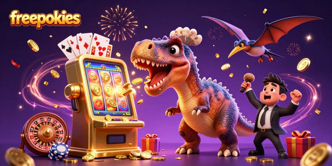 Experience thrilling freepokies with a cartoon dinosaur jackpot scene teeming with excitement.