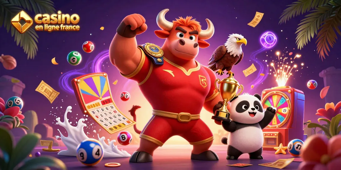 Présentez le casino en ligne France avec des personnages animés de jeux d'argent et des éléments festifs.