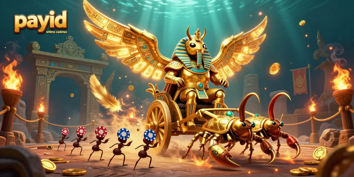 Experience action at payid online casinos with a golden scarab beetle and scorpions in a dynamic game environment.
