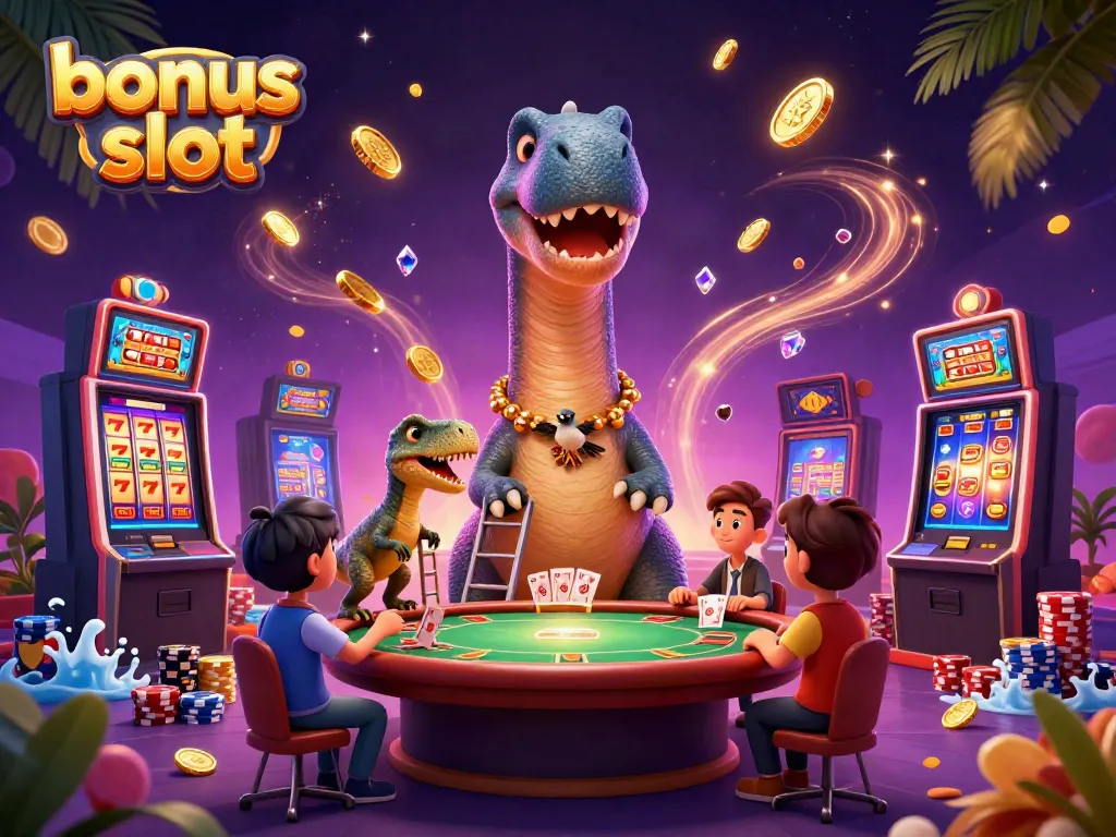 Experience the excitement of bonus slot games with a whimsical brontosaurus and a clever raptor in a vibrant casino scene.