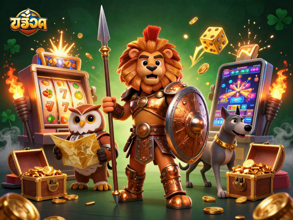 Experience thrilling สล็อต action with heroic characters and vibrant game symbols in a 3D illustration