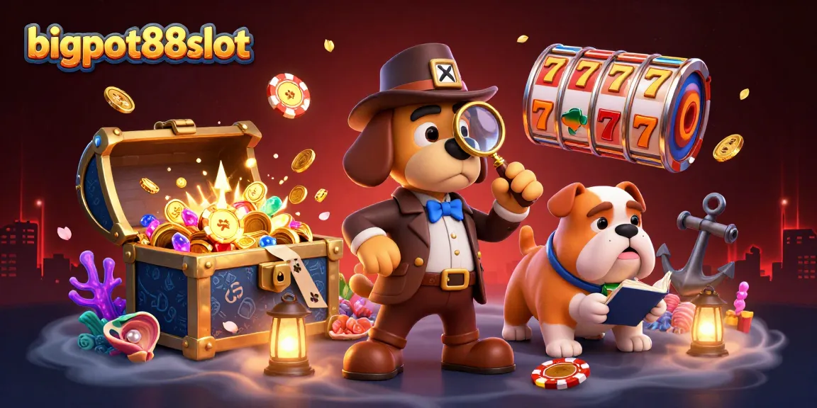 Menangkap momen bigpot88slot dengan detektif anjing dan komponen kasino yang penuh warna.