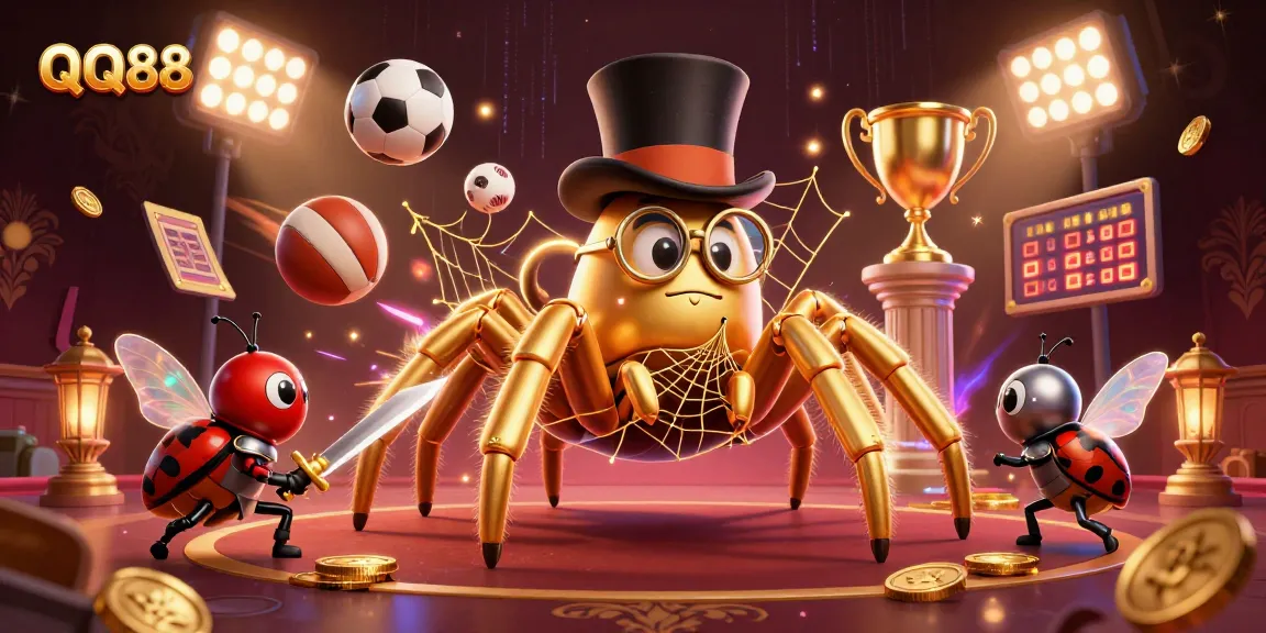 Join the action with QQ88's thrilling atmosphere featuring a golden tarantula and sports elements.