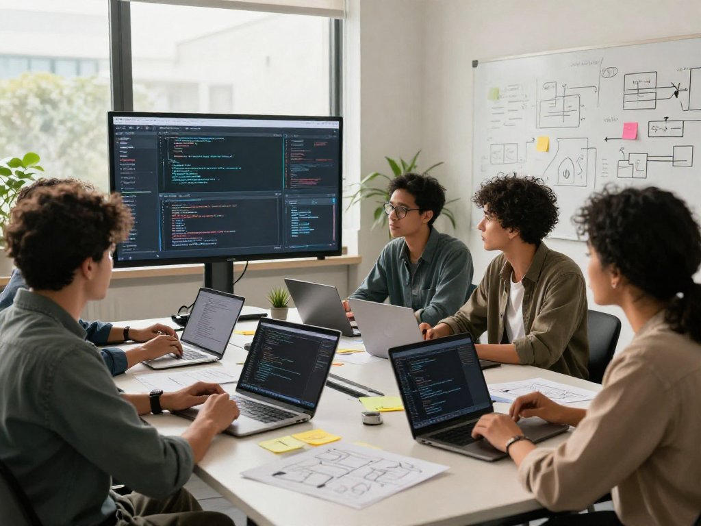 Dynamic tech team collaborating on ai 18+ software development, showcasing innovation and teamwork in a modern office.