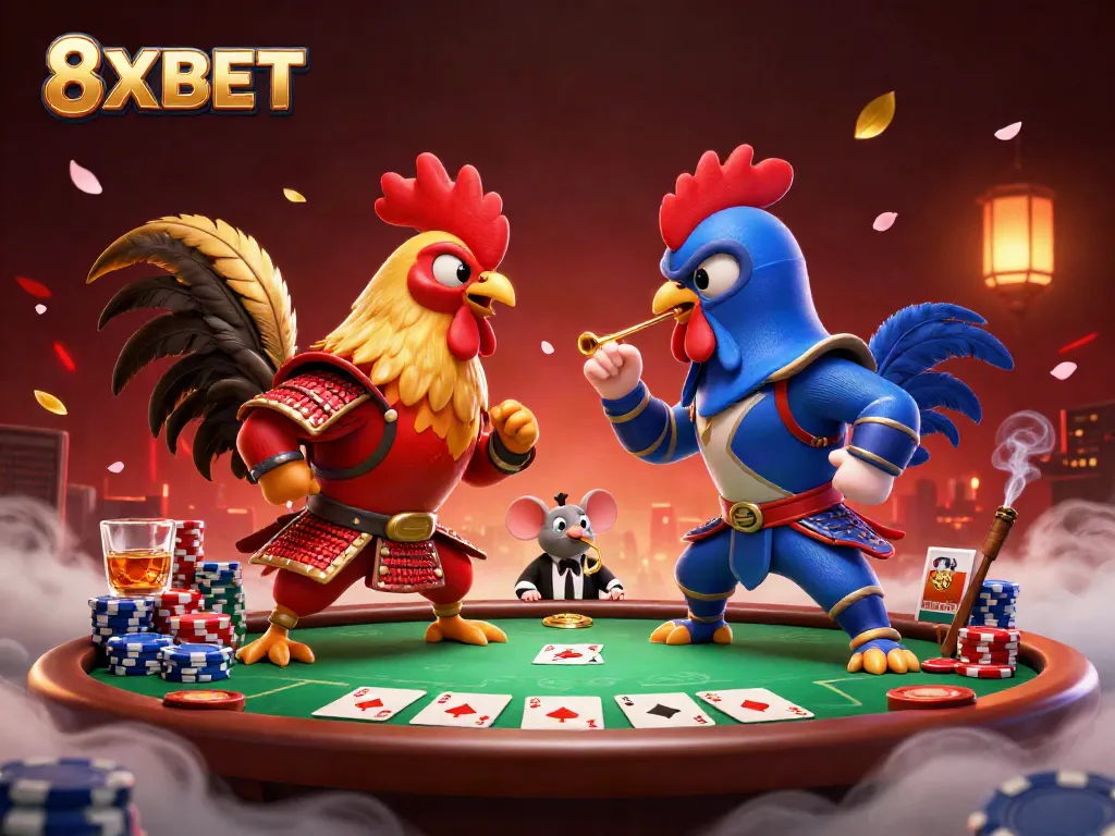 Battle of roosters in samurai and ninja styles showcasing the excitement of 8XBET poker action.