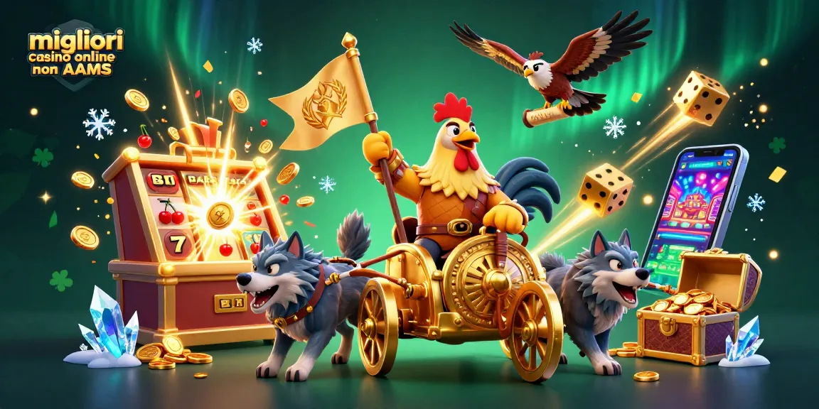 Scopri i migliori casino online non AAMS con un gallo guerriero e slot scintillanti.