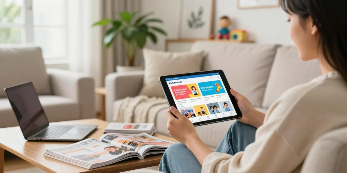 Person browsing BedPersonal on a tablet in a cozy living room.
