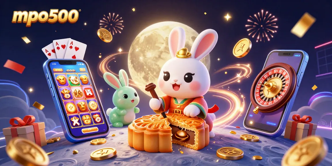 Experience thrilling gaming action with mpo500's vibrant digital illustration, showcasing immersive slot games and festive elements.