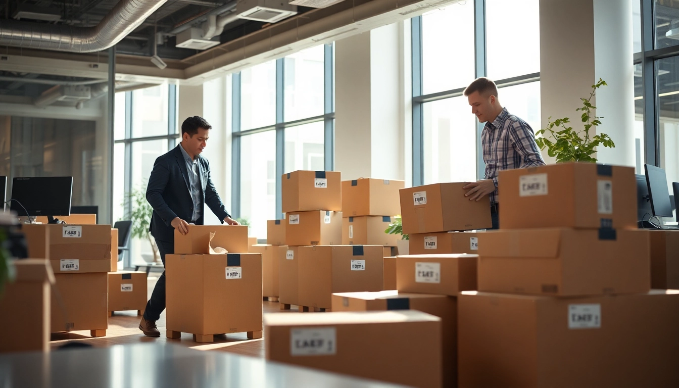 Efficient commercial moving services NYC showcased in a bustling office with professionals packing.