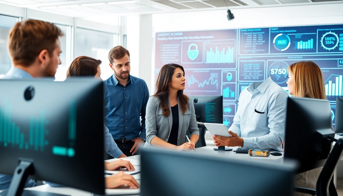 IT professionals discussing cyber essentials accreditation in a modern office environment.