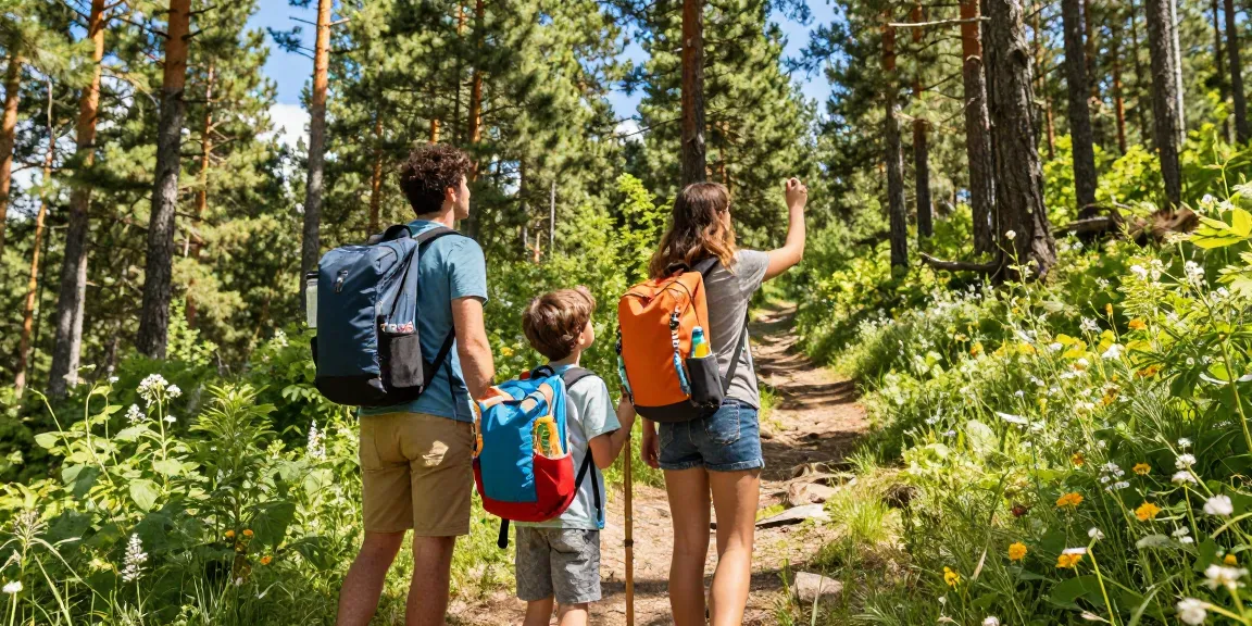 Family adventure exploring nature with mantra88, enjoying hiking trails and wildlife spotting in a vibrant forest.