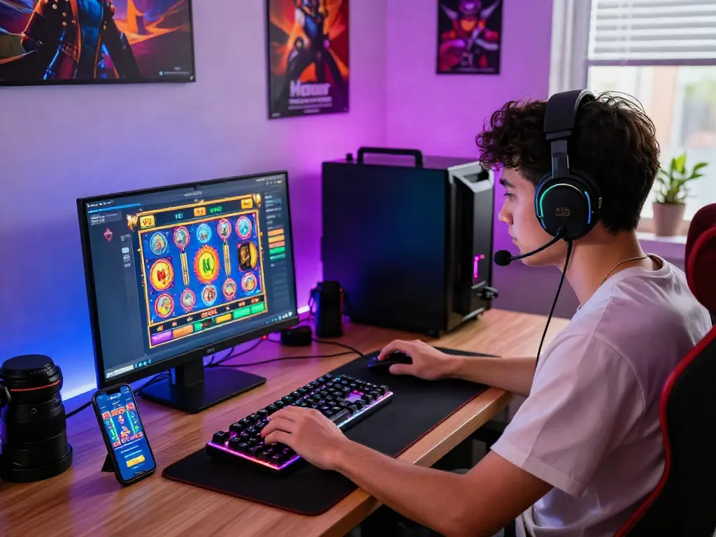 Engaged gamer exploring slot game interfaces on a laptop in a modern gaming setup, vibrant accessories and atmosphere.