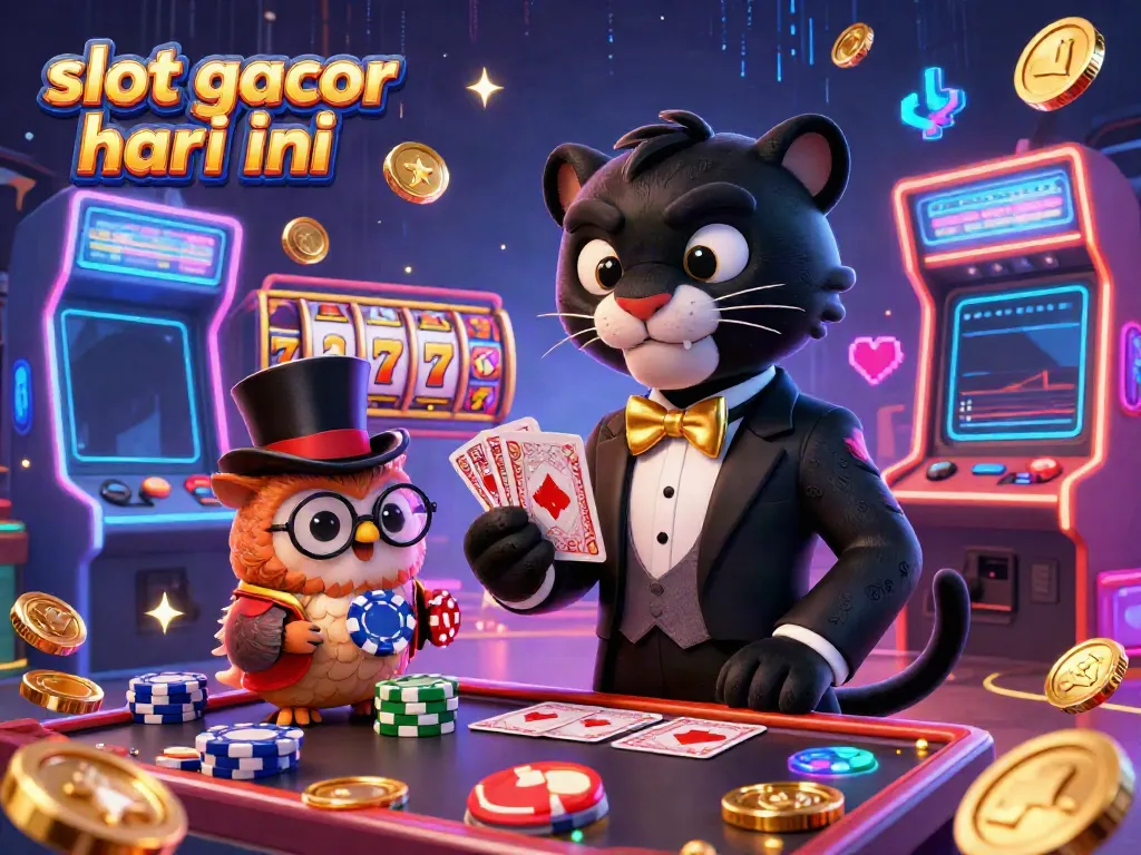 Slot gacor hari ini, panther stylish membagikan kartu dikelilingi mesin arcade berwarna-warni dan simbol jackpot.