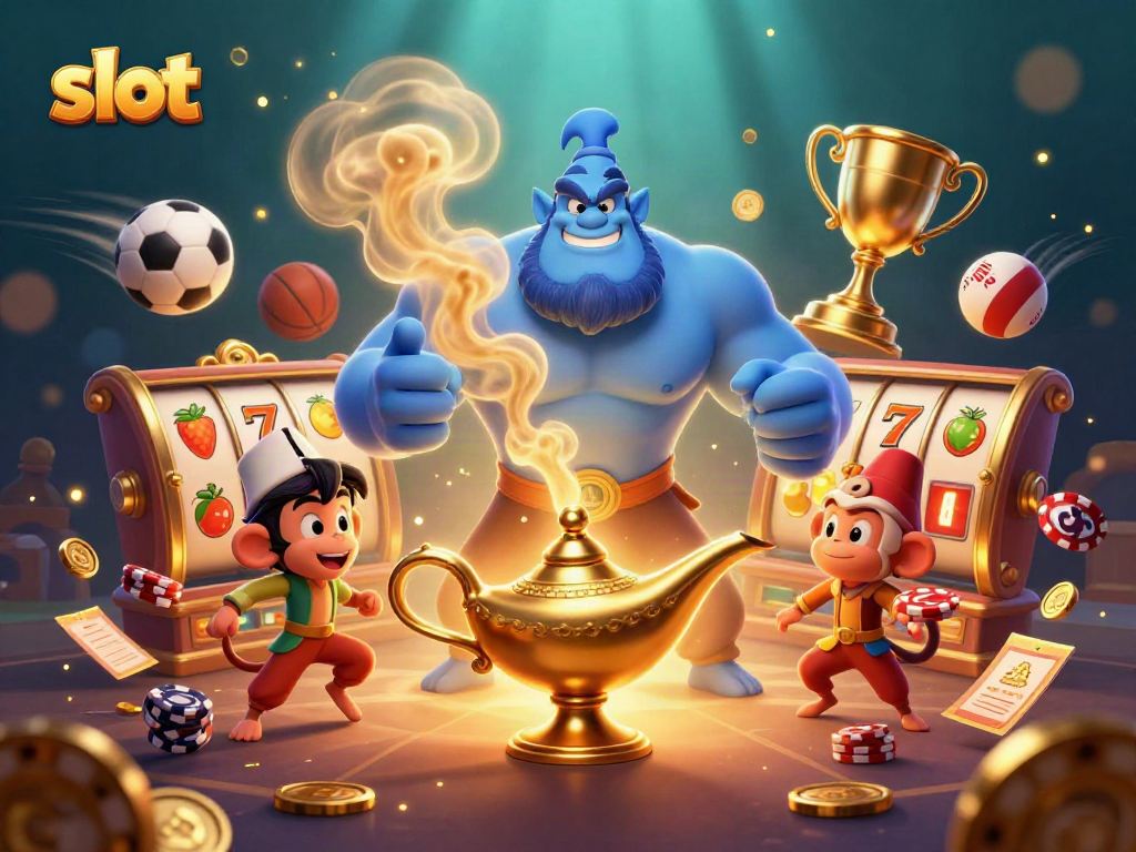 Win big with slots featuring a genie, monkey, and vibrant casino elements