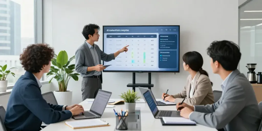 Dynamic team discussing AI audio transcription pricing in a modern office.