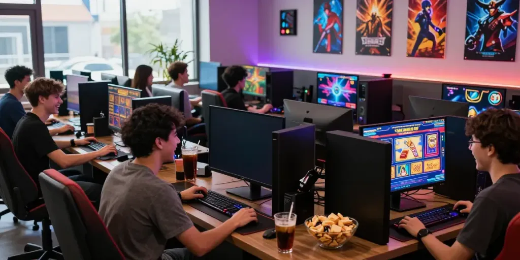 Gamers enjoying situs gacor in a vibrant gaming lounge with high-end PCs and snacks.