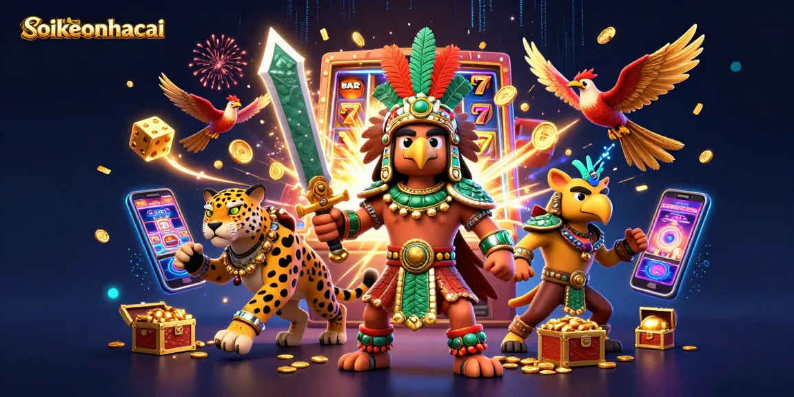 Engaging scene of soikeonhacai action with Aztec warriors, slot machine bursts, and golden treasures.