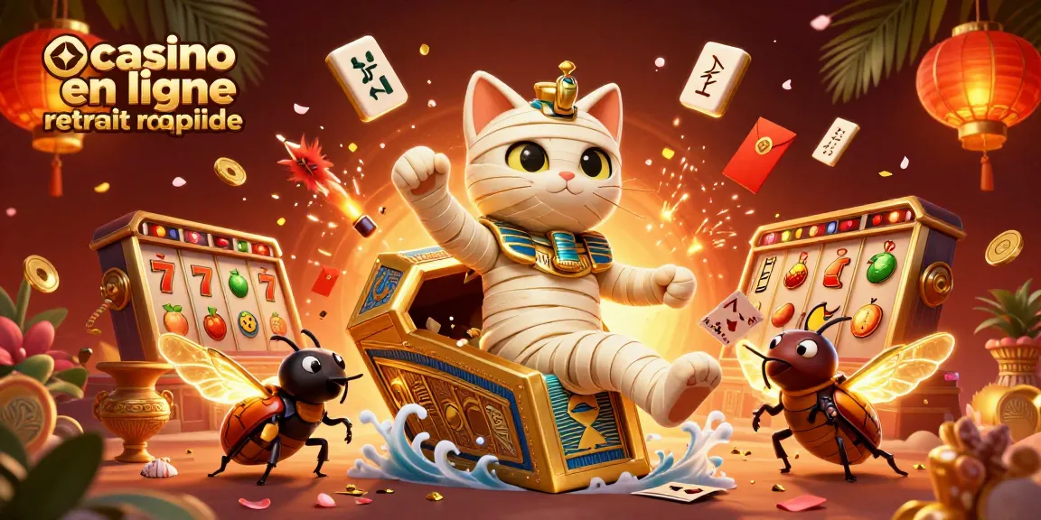 Casino en ligne retrait rapide : Illustration 3D dynamique d'un chat momifié égyptien et des éléments de casino flottants.