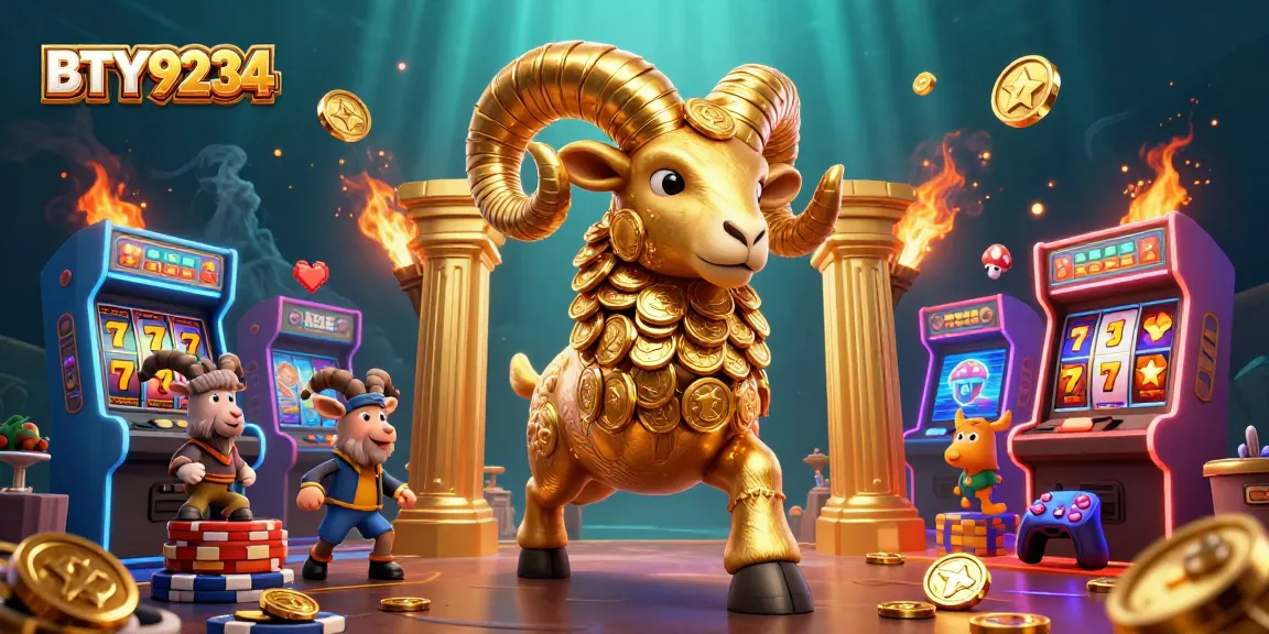 Engage with the BTY9234 casino experience featuring a golden ram amidst vibrant slot elements.