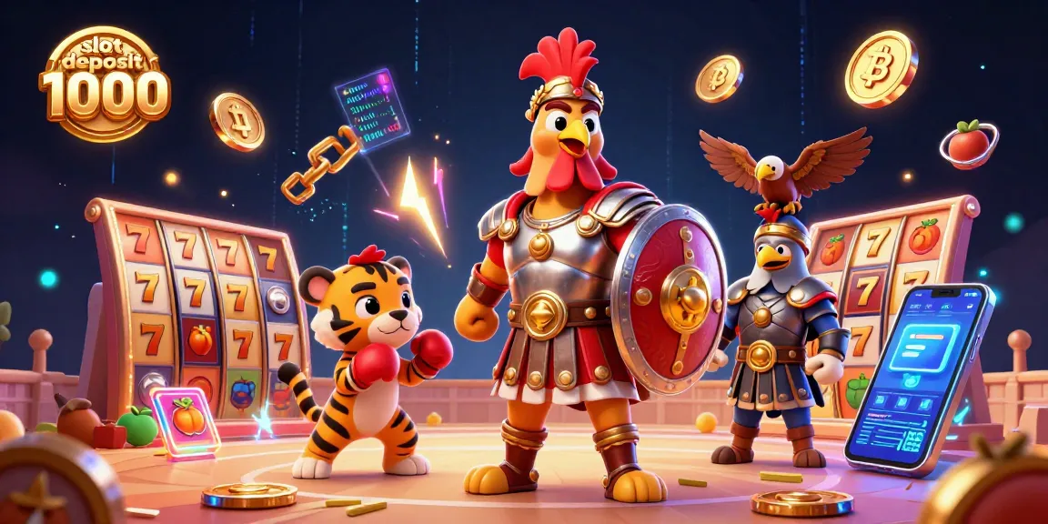 Experience big wins with slot deposit 1000 in a bustling casino scene featuring glamorous symbols and crypto coins.