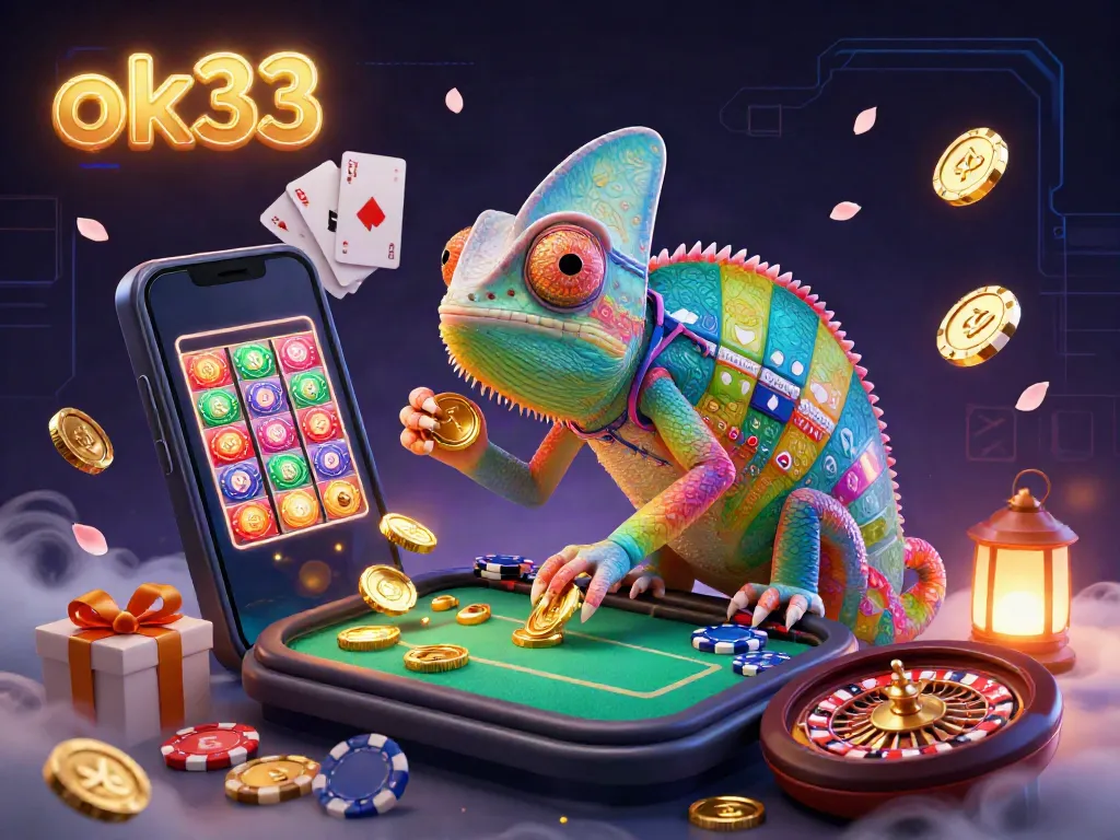 Engage with the vibrant ok33 online casino scene featuring an array of games and a colorful chameleon mascot.