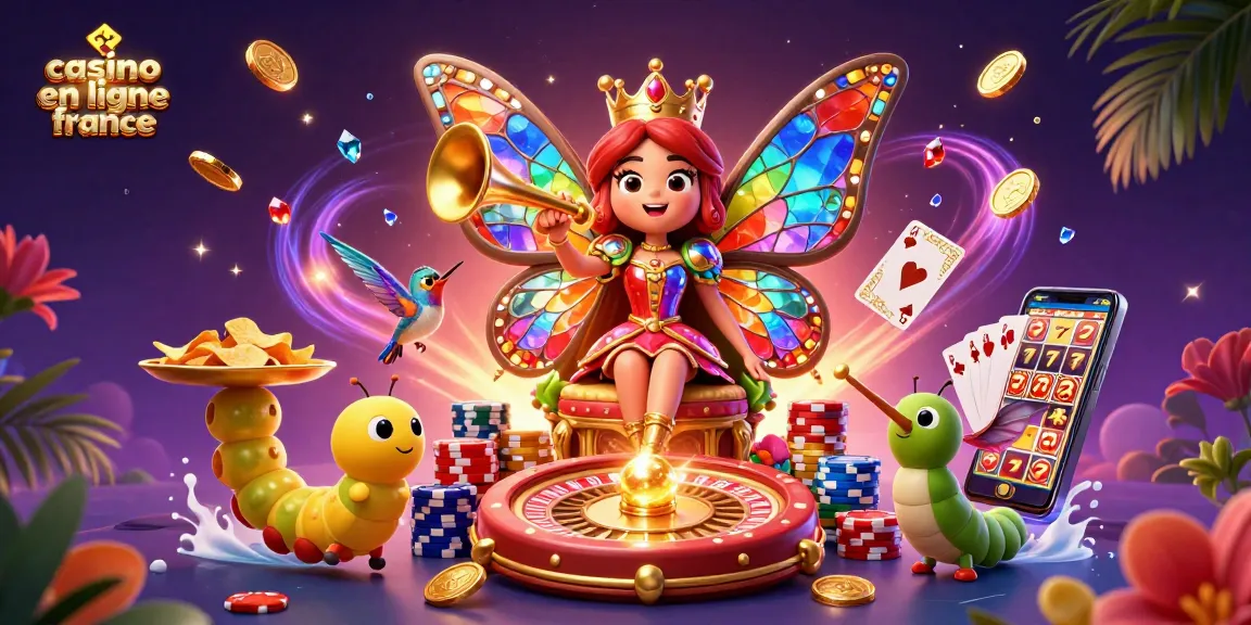 Plongez dans l'univers du casino en ligne France avec une illustration 3D vibrant de la reine des papillons et des éléments de jeu captivants.