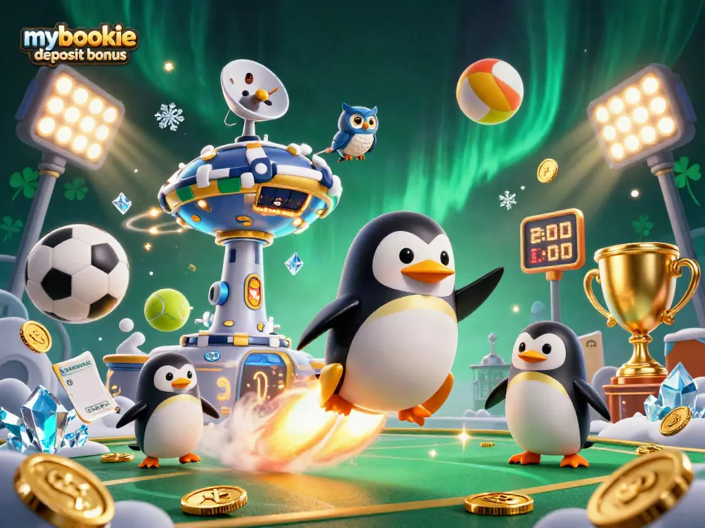 Play and win with the exciting mybookie deposit bonus, featuring a golden penguin and dynamic sports elements.