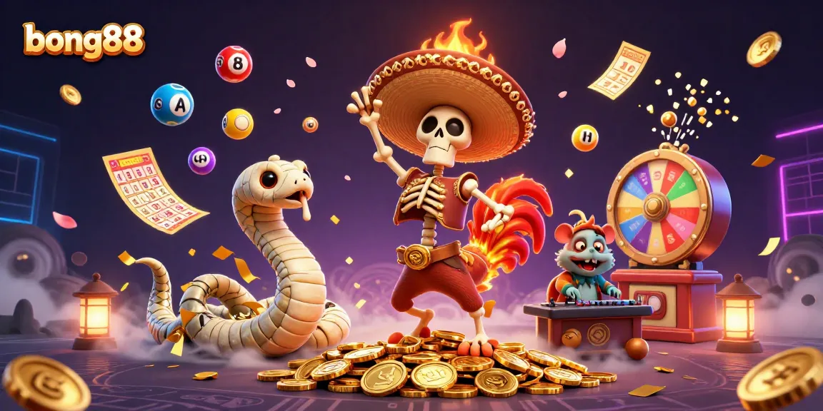 Play with bong88 as a mariachi rooster dances amid golden coins and lottery elements.